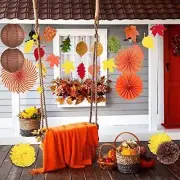 Whaline Fall Party Decorations Orange Hanging Paper Fans Autumn Paper Pompoms...