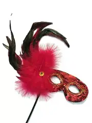 Red Sequin Wand Mask Red & Black Feathers Halloween Costume Party Mardi Gras