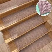 Linen Stair Treads for Wooden Steps Indoor 30x8 inch, 15pcs Upgraded Self Adhesive Backing Non Slip Stair Carpets, Peel and S Stair Runner Rugs, Reusable Staircase Step Treads