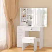 Artiss Dressing Table, Makeup Vanity Desk with LED Mirror Stool Set Wooden Chair, Home Bedroom Furniture Girls Women Organisers, Drawers Shelves Wide Tabletop White