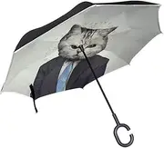 Double Layer Inverted Umbrella Cars Reverse Umbrella Cat in Business Suit Windproof UV Proof Travel Outdoor Umbrella
