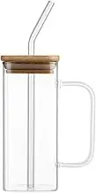 Square Mug with Bamboo Lid and Straw, 13.5oz Drinking Glass Cups with Handle for Soda Iced Coffee Milk Bubble Tea Water