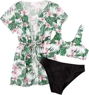 [COOLOYA] Girl's 3 Piece Bikini Set Tropical Print Bathing Suit Swimwear with Overall Kimono Cover Ups