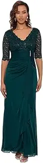 [Betsy & Adam] Women's Long 3/4 Sleeve V-Neck Lace and Sheer Matte Jersey Gown