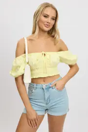 Yellow Crop Top Short Sleeve Shirred Waist - Size 8, Women's Crop Top