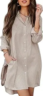 [Aoudery] Womens Button Down Shirt Dresses with Pockets Cotton Striped Shirts Collared Tunics Long Sleeve High Low Blouse Tops