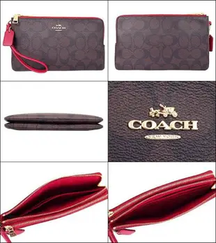 美國正品COACH全新款 F87587素黑全皮、F87729卡其花花款、F16109 黑咖紅LOGO(大號) 雙層拉鍊手拿包.(真皮&防刮PVC皮款) 零錢包 手機包 手拿包--(保證美國OUTLET直購全新100%正品)-*vivi shop*