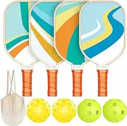 Pickleball Paddles Set of 4, Premium Wood with 4 Indoor & Outdoor Pickleball Balls and 1 Carry Bag, Pickleball Rackets with Ergonomic Cushion Grip for Beginner & Professional Gifts for Women Men Youth