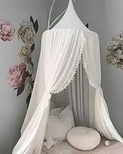 Kids Bed Canopy with Pom Pom Hanging Mosquito Net for Baby Crib Nook Castle Game Tent Nursery Play Room Decor，White
