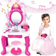 Kids Vanity Table and Chair Set, Girls Vanity Set with Mirror and Stool and Ligh