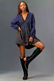NWT ANTHROPOLOGIE PILCRO LONG SLEEVE BUTTON FRONT TWOFER MINI DRESS BLACK M