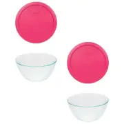 Pyrex (2) 7402 Sculpted Glass Mixing Bowls and (2) 7402-PC Fuchsia Pink Lids