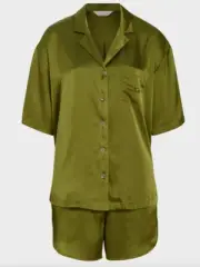 NEW PETER ALEXANDER OLIVE GREEN POLY SATIN SET PJ TOP SHORTS LARGE L RRP$139