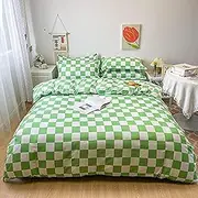 Lunoroey Green Checkered Duvet Cover Set Double Size Green And White Checkerboard Plaid Grid Quilt Cover Geometric Soft Bedding Set (1 Duvet Cover and 2 Pillowcases)