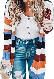 [KIRUNDO] 2023 Fall Women's Open Front Cardigan Striped Color Block Long Sleeve Lightweight Long Knit Cardigan Sweater Outwear, Stripe-orange, Large