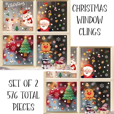 Set Of 2 Christmas Window Clings Santa Elf Cute 576 Total Pcs Holiday Snow A21
