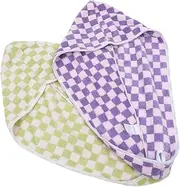 FOMIYES 2pcs Hair Towel Wraps: Checkered Hair Dryer Towels with Button Coral Fleece Super Absorbent Turban Twist Drying Shower Cap for Women Girls