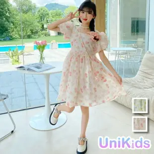 【UniKids】中大童裝短袖洋裝 韓版碎花網紗露背綁帶公主裙 女大童裝 CV碎花裙(粉紅 黃)