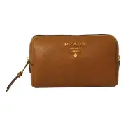 Prada Vitello Daino Cannella Brown Leather Cosmetic Pouch Clutch Bag NWT