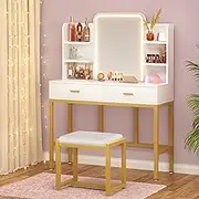 Luxsuite Dressing Table Set with LED Lighted Mirror Lighting Vanity Table & Cushioned Stool Makeup Desk with 2 Drawers Bedroom Furniture White