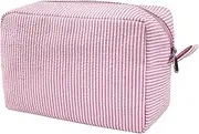 GFU Cosmetic Bag for Women, Large Makeup Bag, Travel Toiletry Stripe Cosmetic Bag, Seersucker Women Aesthetic Organizer Storage Pouch, Girls Handbags Purses (Pink)
