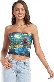 [RPLIFE] Starry Night Gentle Watcher Womens Crop Tube Top, Strapless Going Out Top, Sheer Tube Tops, Trendy Crop Tops (S)