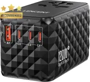 Travel Adapter, 120W, 1 USB-A & 3 USB-C PD, Fast Charging, UK/EU/AUS/US, Black