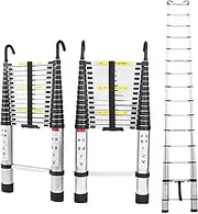 Telescoping Extension Ladder,Telescoping Ladder 1.5m~6.3m Aluminum Folding Ladder Loft Attic Ladder with Detachable Hooks,Easy to Store Multi Purpose for Outdoor Indoor Use,Max Load 150kg/33