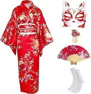 [CRFASIBE] Japanese Kimono for Women Geisha Costume Asian Dress Anime Costume Yukata Kimono Robe Mask Hand Fan Socks Set, Red, One Size Tall