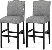 Giantex Set of 2 Bar Chair, Wooden Bar Height Chair with Rubber Wood Legs, Upholstered Bar Stool, Vintage Kitchen Island Chair for Home & Pub (Grey)