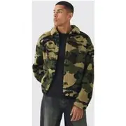 Mens Khaki Jacquard Regular Fit Camo Borg Overshirt