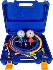 Professional AC Manifold Gauge Set with Freon Recharge Kit - 3-Way HVAC Gauges for R134a, R32, R410a, R404a Systems