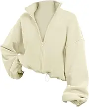 PUCHEN Women's Zip up Jacket No Hood, Fleece Lining Zip up Hoodies Loose Fit Sweatshirt, Comfortable Hoodie Full-Zip Sweatshirt for Women Girls White