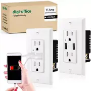 2 Pack 4.2A Dual USB Outlet 15A Wall Receptacle Socket Panel w/ Wall Plate TR UL