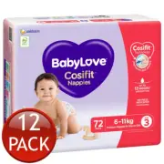 12 x Babylove Cosifit Nappies Size 3 Crawler 6-11Kg Unisex Nappy Pads 72 Pack