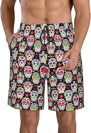 [OAROK] Colorful Flower Skulls Men's Casual Beach Shorts Quick Drying Shorts Men's Stretch Swim Trunks Daily Wear Style, White, Large