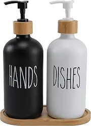 Glass Kitchen Soap Dispenser Set, Contains Hand Soap Dispenser and Dish Soap Dispenser for Kitchen Sink, Both Glass Soap Dispensers with Pumps& Bamboo Tray (Matte Black+ White)