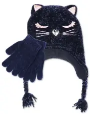 New Fab Big Girls 2 Pc Chenille Kitty Trapper Hat & Gloves Set in Navy One Size