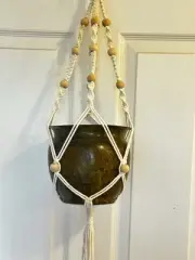 NWT Macrame Plant Hanger 36” White Cotton Cord Wood Bead W/ Container Ashland