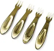 IHI EST. 1986 Dimpled Hammered Design - 6.5 Inch Gold Tone Stainless Steel Flatware Cocktail Fork; Pack of 4
