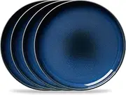 [CORELLE] Stoneware 4-Piece Ceramic 10.5" Dinnerware Plate Set, High Edge Raised Rim Flat Dishes, Modern Rustic Handcrafted Artisanal Double Bead Glaze, Navy