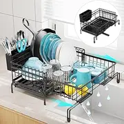GSlife Expandable Dish Drying Rack with Drainboard - Anti-Rust 2-in-1 Sink Dish Racks for Kitchen Counter and Sink, Dish Drainer with Pan Slot and Utensil Holder for RV and Apartment, Black