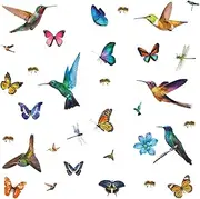 32Pcs Watercolor Butterfly and Hummingbird Stickers, Bee Dragonfly Flower Wall Decals, Self Adhesive Flying Bird Art Decor for Bedroom, Nursery, Kids Playroom