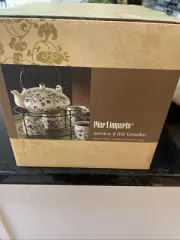 Pier 1 Imports Tomoko Tea Set Blue Brown Floral Teapot, Metal Stand And 4 Cups