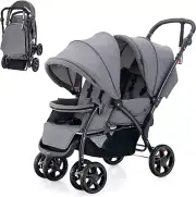 Foldable Tandem Stroller, Double Seat Baby Pram W/Adjustable Backrest, Push Hand