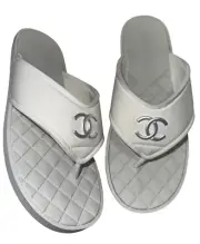 Chanel 23P White Fabric CC Logo Mule Slip On Thong Flip Flop Flat Sandal 41