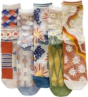 [VIDSTW] 5 Pairs Transparent Socks Transparent Flower Socks Nylon Socks Women's Short Ultra Thin Mesh Summer Silky Cool Ruffle Fine Fashionable Non-Slip Ankle Socks for Women Girls, multicoloured, 13-25