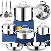 [HOMICHEF] 14-Piece Nickel Free Stainless Steel Cookware Set Whole-Clad 3-Ply - Mirror Polished Pots and Pans Set - Healthy Cookware Set with Steamer - Non-Toxic Induction Cookware Sets