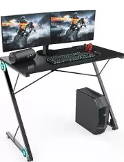 Zshaped Computer Desk Pc Gaming Table Black Desk With Led Lights