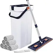 Mop and Bucket with Wringer Set,40cm Hands Free Flat Floor Mop and 47cm Bucket, with 6 Washable Microfiber Pads,1 mop Cleaning Brush，Wet and Dry Use Floor Cleaning System